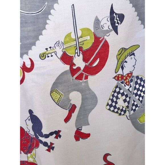 950s Cotton Apron With Folk Art Italian Style Dance Music Print  Red Trim VTG - Picture 15 of 16